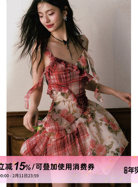 孟子义同款 1P STUDIO红格纹拼接玫瑰碎花连衣裙飘带荷叶边吊带裙