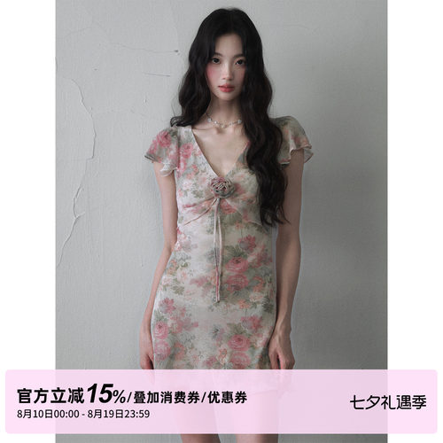 1P STUDIO 温柔花卉印花V领连衣裙女夏季立体花朵小飞袖收腰短裙