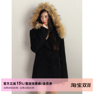 1P STUDIO 仿貂毛毛领连帽短款毛呢外套女秋冬双排扣修身呢子大衣
