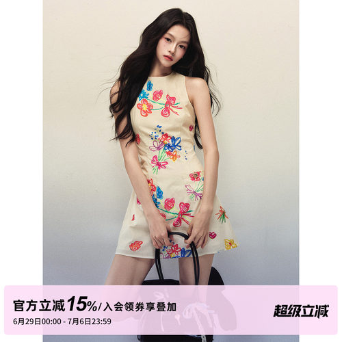 1P STUDIO 艺术手绘彩花背心连衣裙女夏季修身收腰A字无袖短裙子