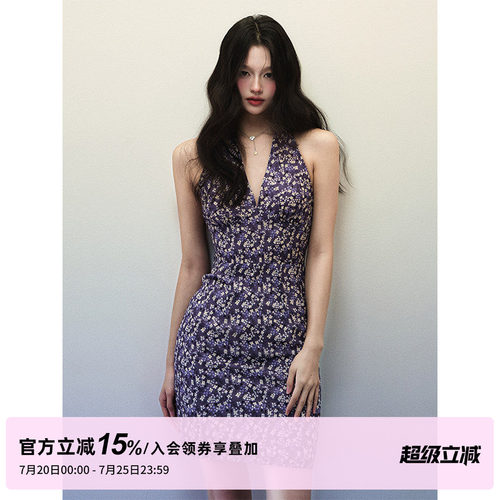 1P STUDIO 紫色碎花V领挂脖连衣裙女夏修身收腰性感露背无袖短裙