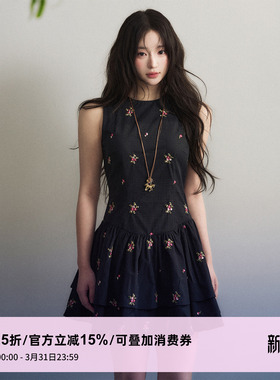 1P STUDIO【3/23 20:00】藏青色刺绣背心连衣裙女夏双侧裙摆短裙