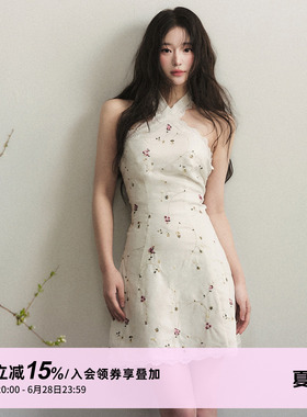 1PSTUDIO 白色蕾丝花边交叉挂脖连衣裙女夏季收腰挖肩无袖短裙子