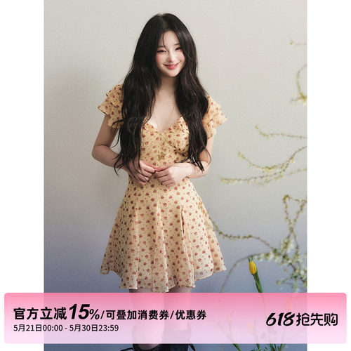 1P STUDIO 复古小碎花雪纺V领连衣裙女夏荷叶边短袖收腰压褶短裙