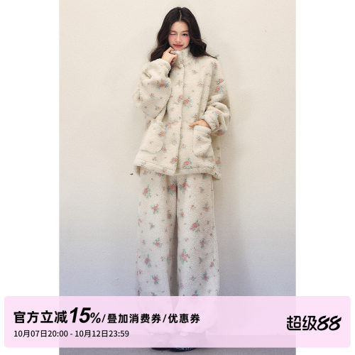 1P STUDIO 碎花立领宽松羊羔毛外套女秋冬松紧腰阔腿长裤两件套装