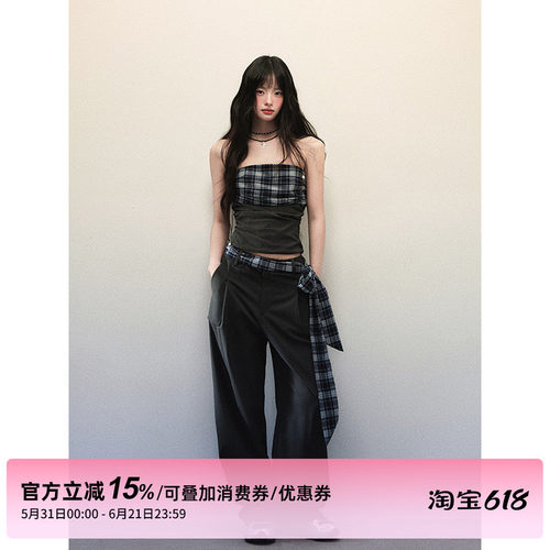 1P STUDIO 格纹拼接辣妹套装女夏季抹胸上衣宽松系带阔腿裤两件套