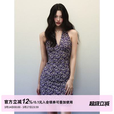 1P STUDIO 深紫色米黄碎花挂脖连衣裙女春夏收腰露背V领无袖短裙