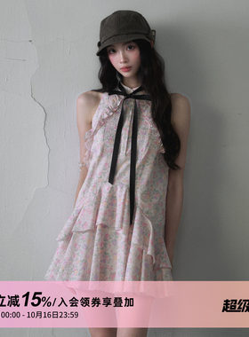 1P STUDIO 蝴蝶结系带碎花连衣裙女秋装荷叶花边设计感无袖衬衫裙