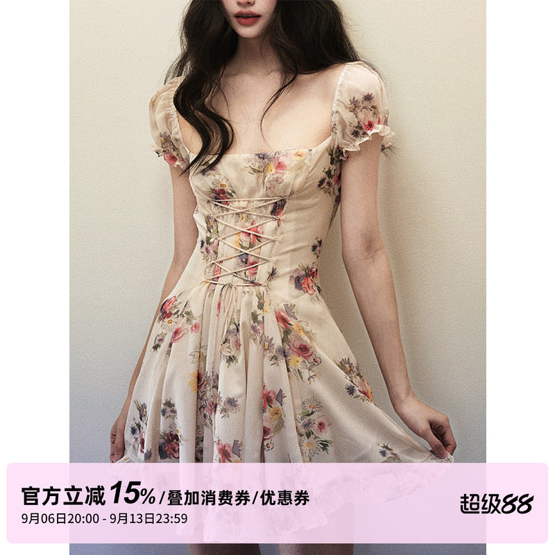 1P STUDIO"烂漫山花"水彩印花大方领连衣裙女秋绑带抽绳花边短裙