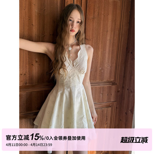 1P STUDIO 米杏色花朵镂空刺绣V领连衣裙女夏季收腰伞裙无袖短裙