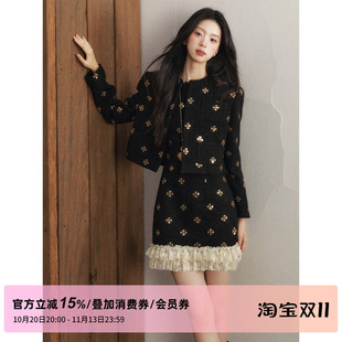 1P STUDIO 金色亮片绣花毛呢小香风套装女秋装短外套背心裙两件套