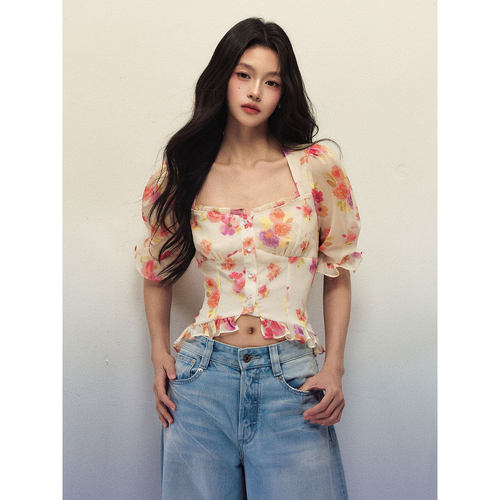 1P STUDIO 油画风碎花方领衬衫女夏季修身收腰短袖雪纺衫短款上衣