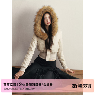 1P STUDIO 米灰色仿貂大毛领连帽夹棉外套女秋冬修身收腰短款棉服
