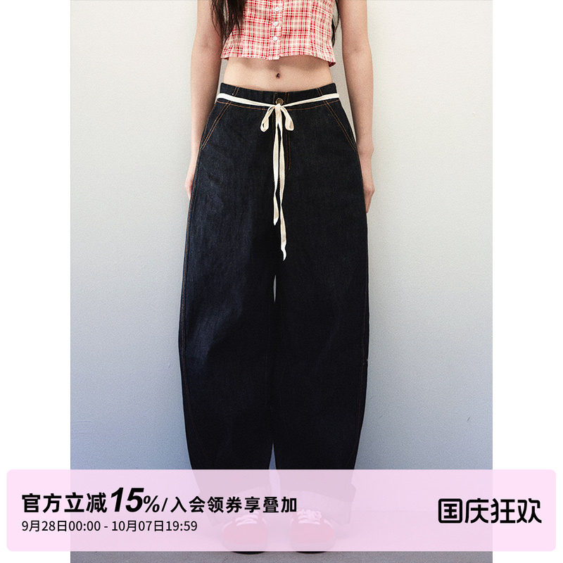 1P STUDIO 藏青色宽松挺阔牛仔阔腿裤女秋装系带装饰直筒弯刀裤