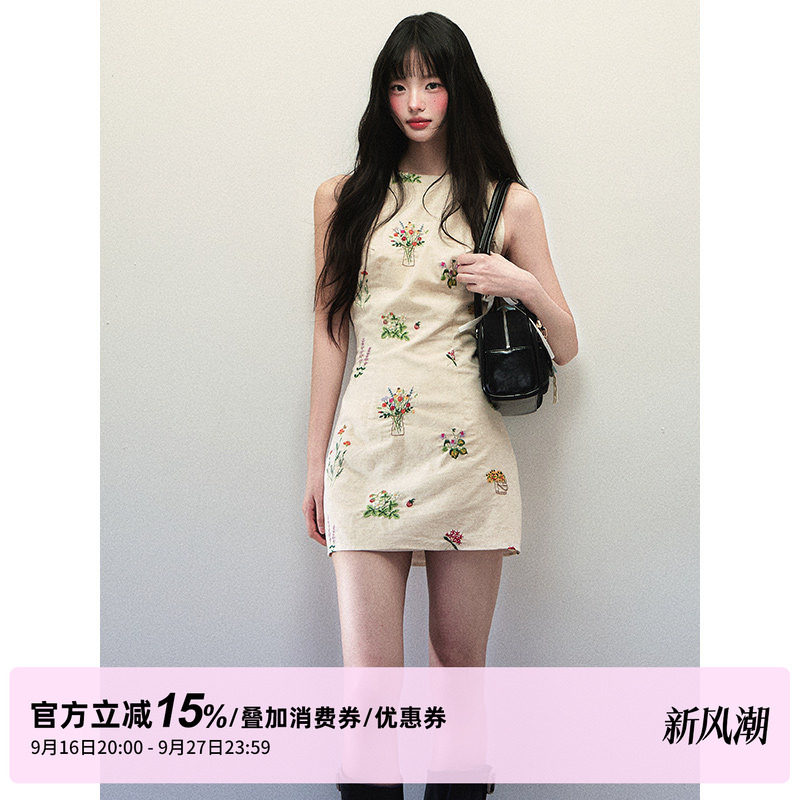 1P STUDIO 亚麻法式花朵刺绣挂脖连衣裙女秋装收腰露背挖肩无袖裙
