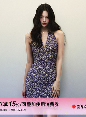 1P STUDIO 深紫色米黄碎花挂脖连衣裙女秋冬收腰露背V领无袖短裙