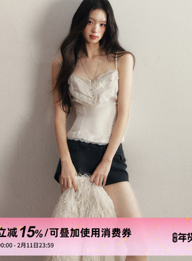 1P STUDIO 米杏色仿醋酸蕾丝花边背心吊带女秋冬修身短款内搭上衣