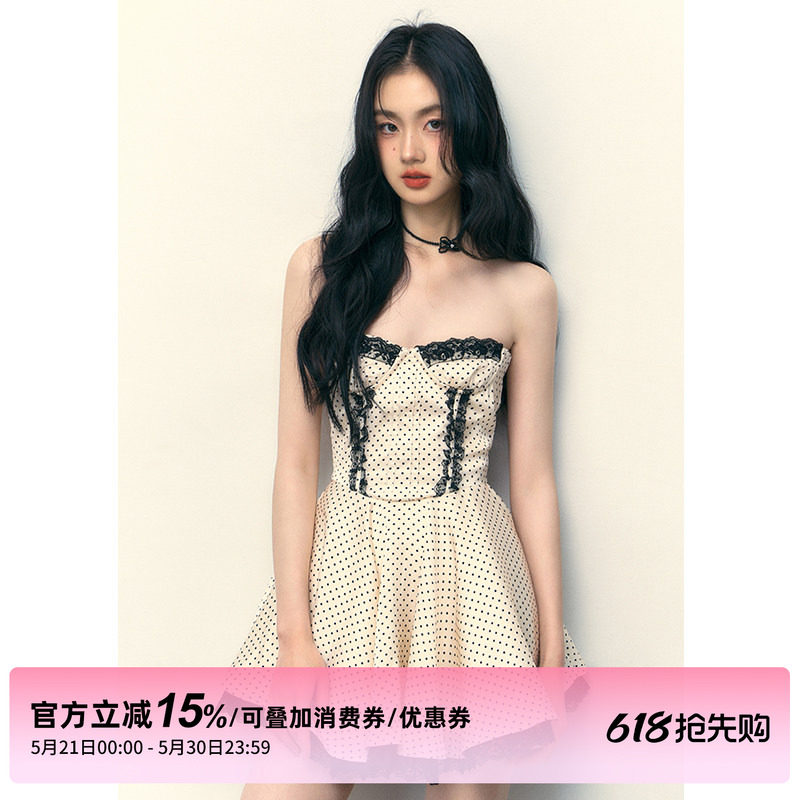 1P STUDIO原创设计 缎面波点花边抹胸连衣裙女夏季蓬蓬大裙摆短裙