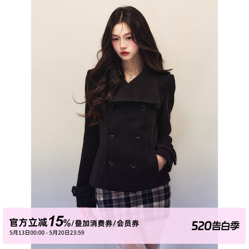 1P STUDIO 黑色大翻领双排扣毛呢外套女春秋紫咖格纹半裙两件套装