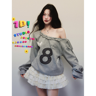 1P STUDIO 浅花灰色美式斜肩卫衣女春秋绑带贴布绣花宽松套头上衣
