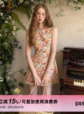 1P STUDIO 热夏红色小碎花背心连衣裙女秋冬圆领修身收腰无袖短裙