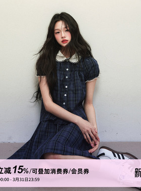 1P STUDIO 藏青格纹娃娃领短袖衬衫+压褶半身中裙两件套装女春夏