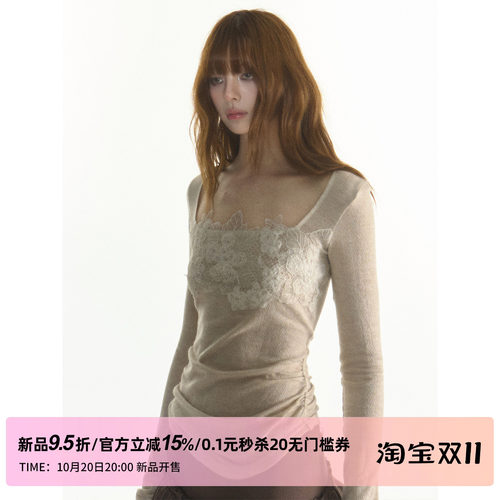 1P STUDIO【10/20 20:00】纯欲花边蕾丝方领针织衫修身打底衫上衣