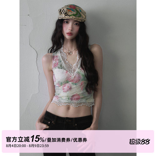 1P STUDIO 玫瑰油画拼接蕾丝V领吊带背心女夏季花边短款无袖上衣