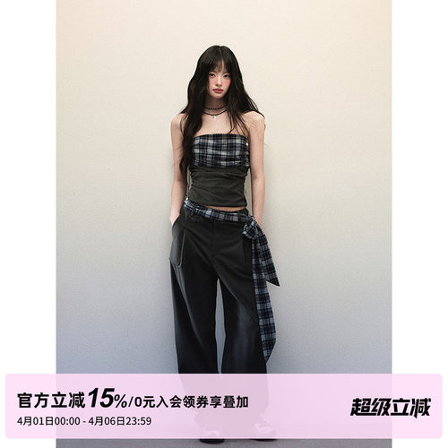 1P STUDIO 格纹拼接辣妹套装女春夏抹胸上衣宽松系带阔腿裤两件套