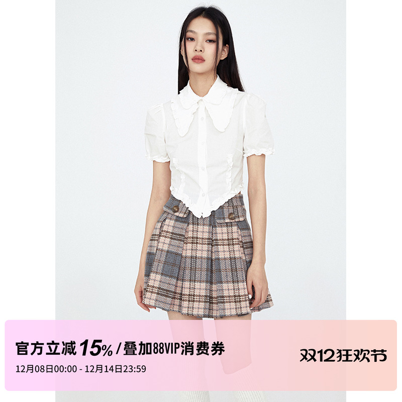 1P STUDIO原创设计 粉灰格纹撞色呢子半身裙女秋冬高腰jk百褶短裙