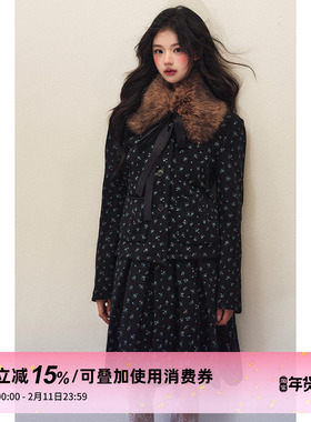 1P STUDIO 黑色碎花华夫格覆绒外套中长款工字褶半身裙两件套装女