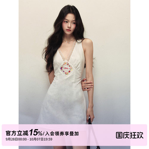 1P STUDIO 花卉刺绣蕾丝花边V领连衣裙女秋装收腰修身A字无袖短裙