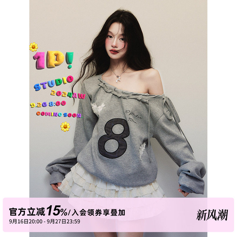 1P STUDIO 浅花灰色美式斜肩卫衣女春秋绑带贴布绣花宽松套头上衣