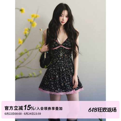 1P STUDIO 黑色碎花V领吊带连衣裙女夏粉色蕾丝花边收腰无袖短裙