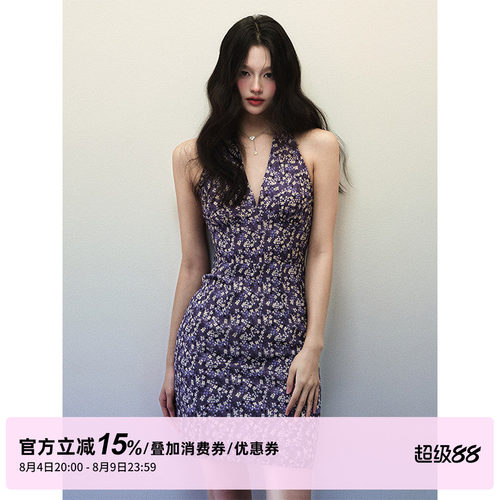 1P STUDIO 紫色碎花V领挂脖连衣裙女夏修身收腰性感露背无袖短裙