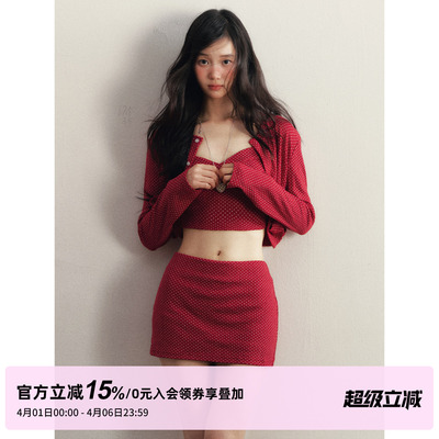 1P STUDIO 红色波点修身针织套装女春夏季短款开衫吊带短裙三件套