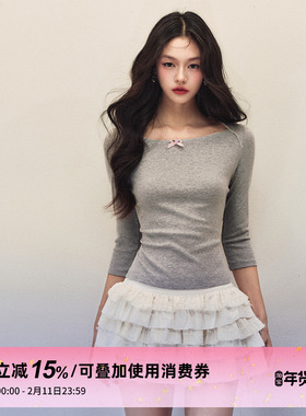 1P STUDIO 船型领蝴蝶结一字肩上衣女冬季修身中长袖T恤打底衫