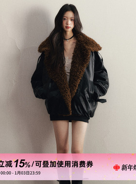 1P STUDIO 黑色亮面卷毛大翻领皮衣外套女冬宽松加厚夹棉pu皮外套