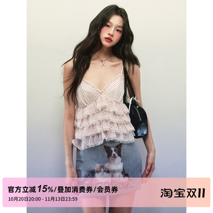 1P STUDIO 波点雪纺V领木耳边吊带上衣猫狗印花包臀半裙两件套装