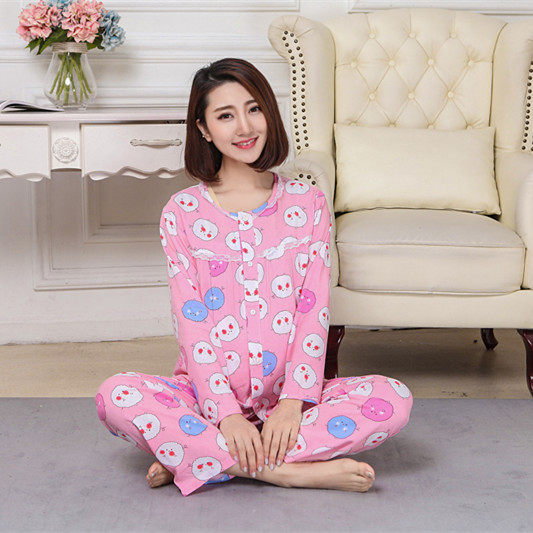 女士夏季棉绸产后睡衣绵绸产妇哺乳长袖开衫孕妇喂奶服月子服套装