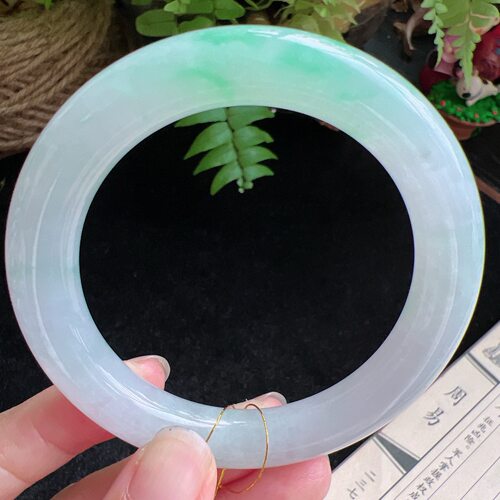 圆条57圈口缅甸天然A货老坑种玉镯平洲翡翠手镯精选编号048D0807E