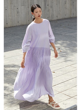 紫色梦境～CR连衣裙女装长裙斯马克工艺新款春夏度假松弛风送腰带