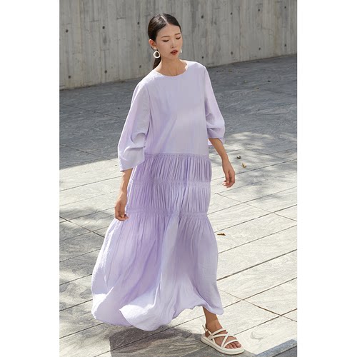 CR斯马克打揽紫色圆领长款连衣裙