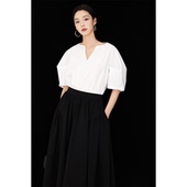 夏季 设计感小众别致灯笼短袖 新款 薄款 上衣 CR白色衬衫 宽松法式 女装