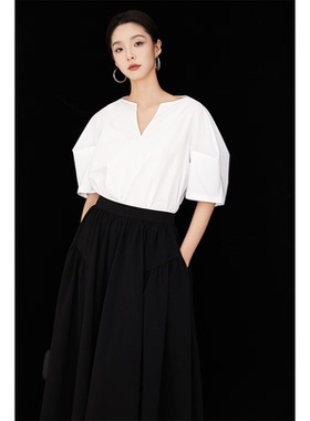 CR白色衬衫女装设计感小众别致灯笼短袖夏季新款薄款宽松法式上衣