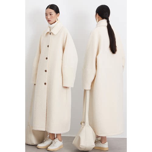 CR温柔米白羊圈呢长款毛呢外套