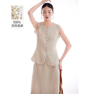 慵懶自在休閑極簡女裝 新 馬甲修身 100%亞麻上衣老錢風圓領系扣無袖