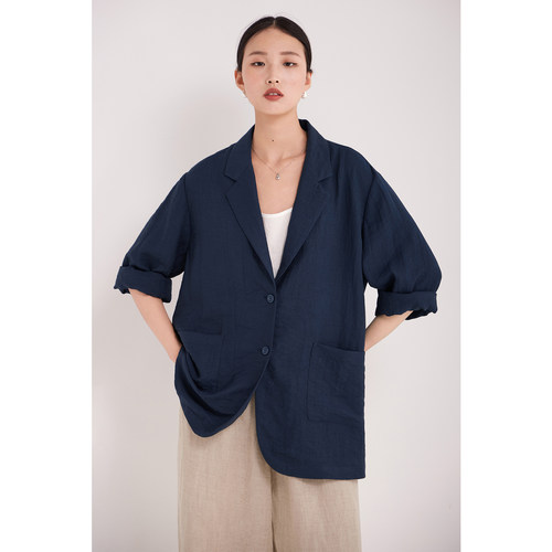 CR老钱风藏蓝色宽松薄款西装外套