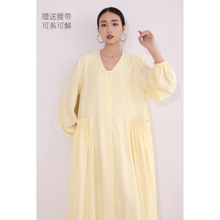裙子灯笼袖连衣裙女多巴胺黄色宽松长袖春夏秋季新款海边气质长裙