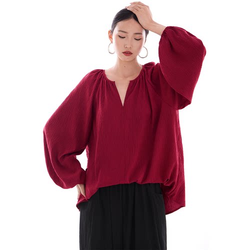 CR酒红宽松V领罩衫灯笼长袖上衣